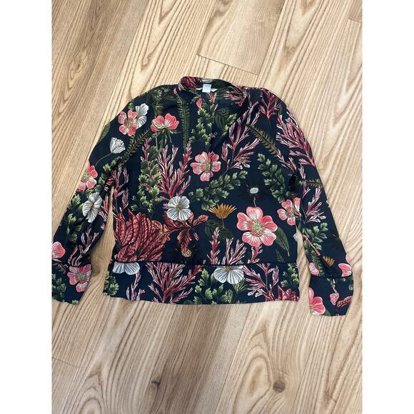 Floral Tropical Blouse Womens SIze 2 Black Background - Picture 2 of 5